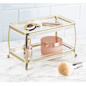 mDesign Decorative Makeup Storage Organizer Vanity Tray for Bathroom Counter Tops, 2 Levels to Hold Makeup Brushes, Eyeshadow Palettes, Lipstick, Perfume and Jewelry - Soft Brass/Clear