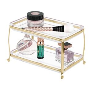 mdesign decorative makeup storage organizer vanity tray for bathroom counter tops, 2 levels to hold makeup brushes, eyeshadow palettes, lipstick, perfume and jewelry - soft brass/clear