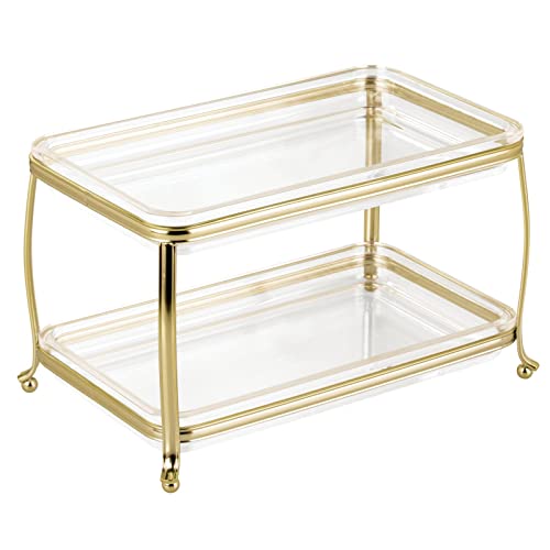 mDesign Decorative Makeup Storage Organizer Vanity Tray for Bathroom Counter Tops, 2 Levels to Hold Makeup Brushes, Eyeshadow Palettes, Lipstick, Perfume and Jewelry - Soft Brass/Clear