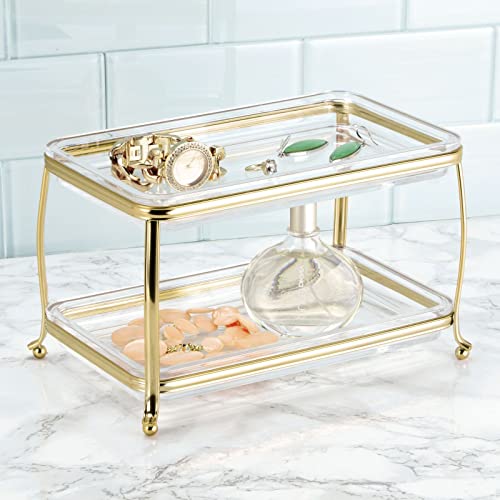 mDesign Decorative Makeup Storage Organizer Vanity Tray for Bathroom Counter Tops, 2 Levels to Hold Makeup Brushes, Eyeshadow Palettes, Lipstick, Perfume and Jewelry - Soft Brass/Clear