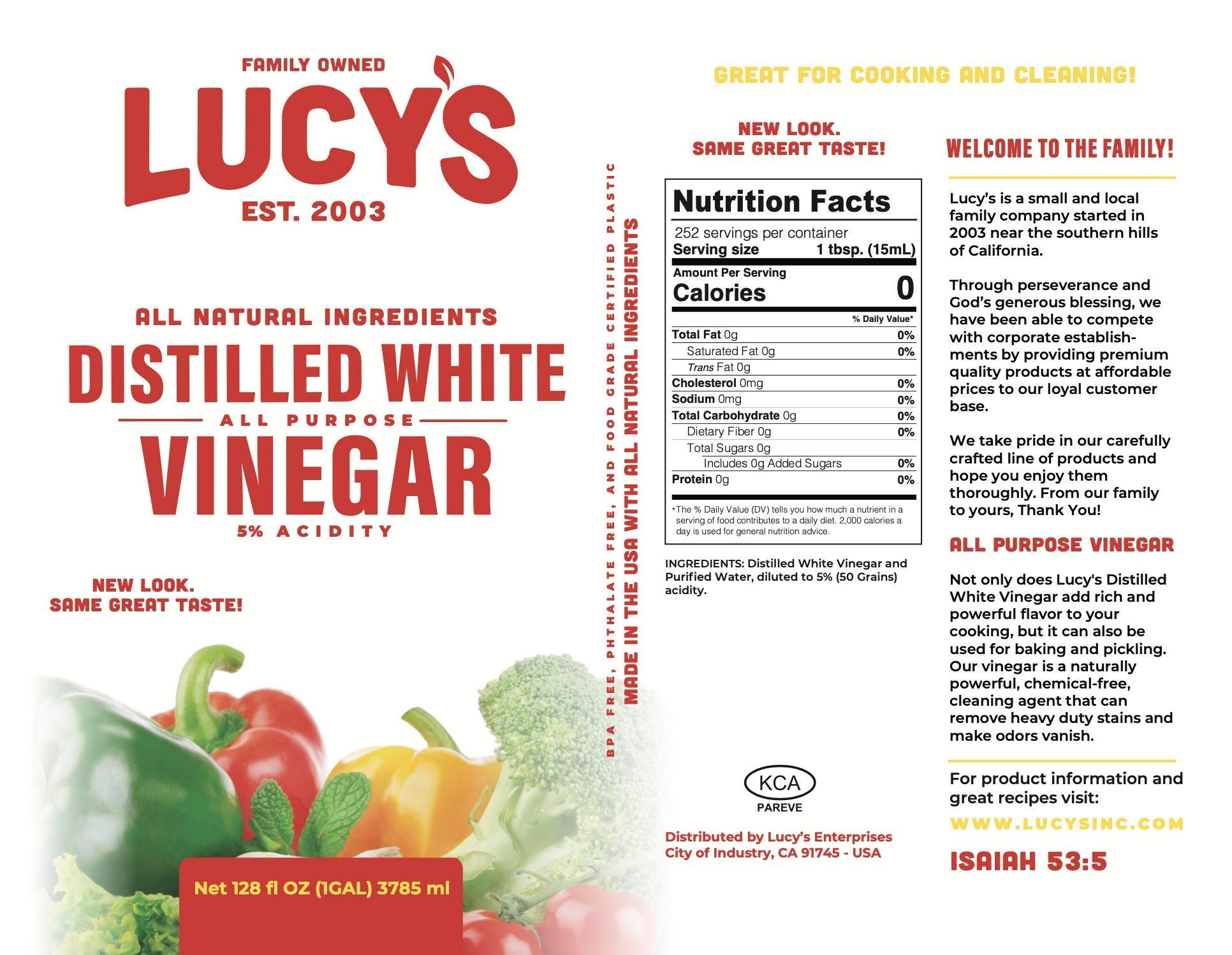 Lucy's Family Owned - Natural Distilled White Vinegar, 1 Gallon 128oz. (Pack of 2)