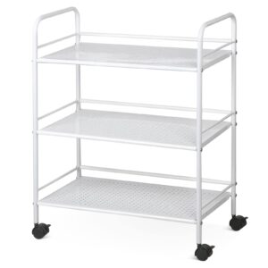 yaheetech 3 tier durable metal multi-purpose rolling utility cart, rolling storage craft cart kitchen cart with handle and locking wheels for for office bathroom kitchen laundry, white