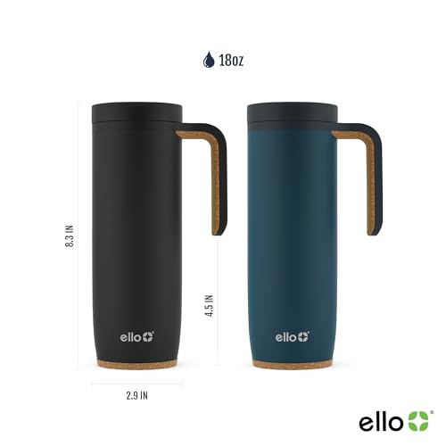 Ello Magnet 18oz Vacuum Insulated Stainless Steel Travel Mug with Side Handle and Leak-Proof Slider Lid and Built-in Coaster, Keeps Hot for 5 Hours, Perfect for Coffee or Tea, BPA-Free, Matte Black