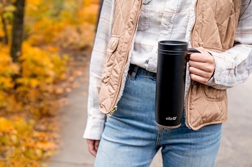 Ello Magnet 18oz Vacuum Insulated Stainless Steel Travel Mug with Side Handle and Leak-Proof Slider Lid and Built-in Coaster, Keeps Hot for 5 Hours, Perfect for Coffee or Tea, BPA-Free, Matte Black