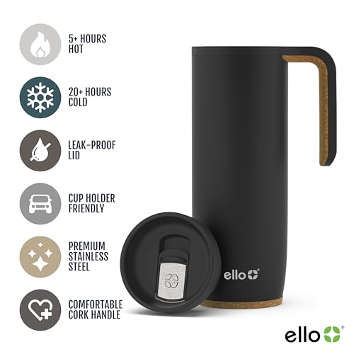 Ello Magnet 18oz Vacuum Insulated Stainless Steel Travel Mug with Side Handle and Leak-Proof Slider Lid and Built-in Coaster, Keeps Hot for 5 Hours, Perfect for Coffee or Tea, BPA-Free, Matte Black