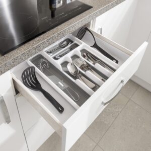 Addis Expandable Drawer Organiser Cutlery Utensil Tray with 6-8 Compartment Holders, White/Grey, 34-58.5 x 41.5 x 5 cm