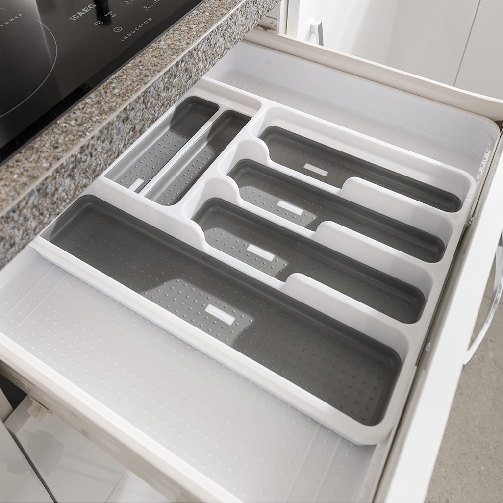 Addis Expandable Drawer Organiser Cutlery Utensil Tray with 6-8 Compartment Holders, White/Grey, 34-58.5 x 41.5 x 5 cm