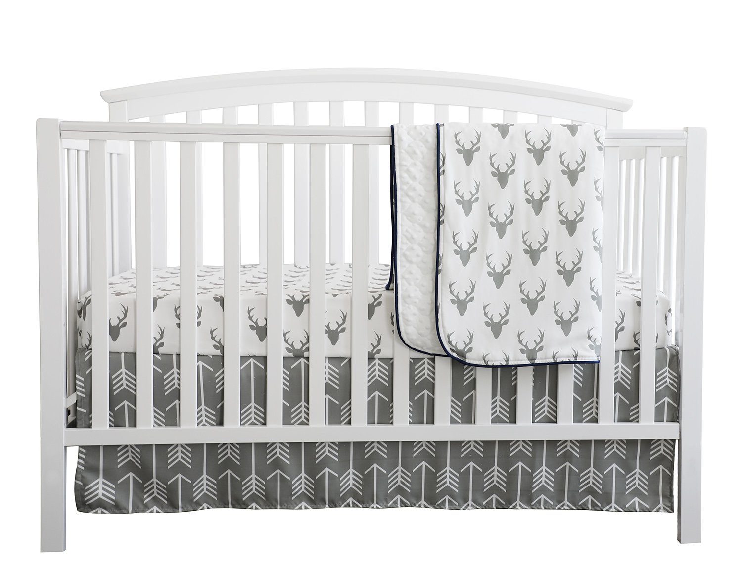 Baby Boy Crib Bedding White Grey Woodland Arrow Antlers Deer Head Minky Blanket Navy Crib Sheet Deer Buck Crib Rail Bedding Set (Grey Arrow Deer Head, 3 Pieces Set)