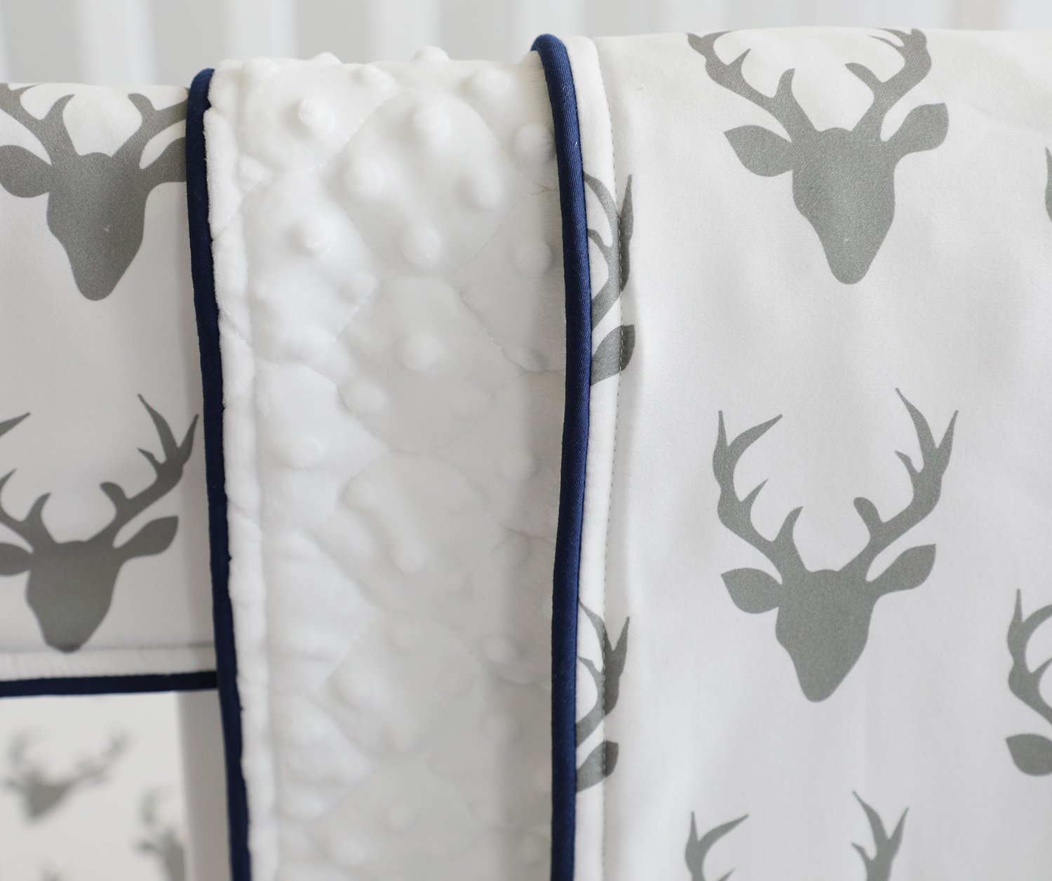 Baby Boy Crib Bedding White Grey Woodland Arrow Antlers Deer Head Minky Blanket Navy Crib Sheet Deer Buck Crib Rail Bedding Set (Grey Arrow Deer Head, 3 Pieces Set)