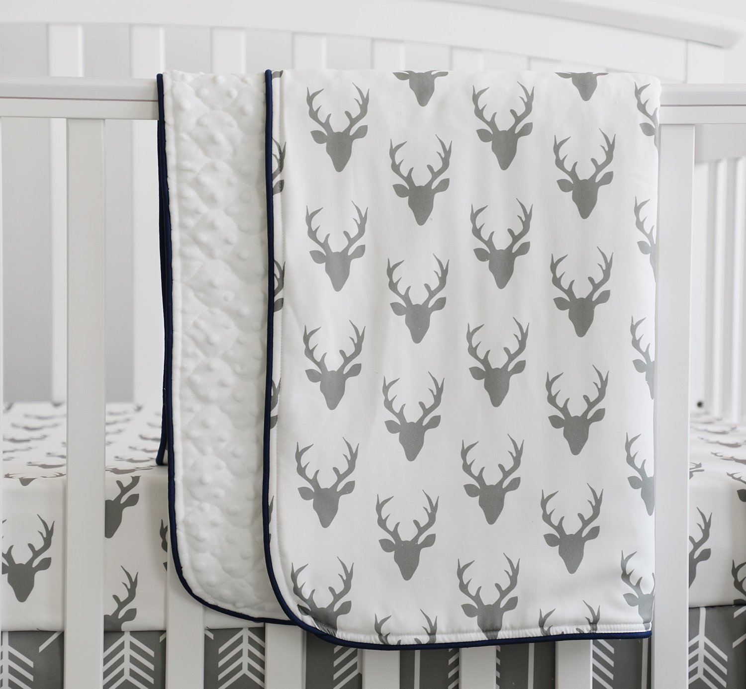Baby Boy Crib Bedding White Grey Woodland Arrow Antlers Deer Head Minky Blanket Navy Crib Sheet Deer Buck Crib Rail Bedding Set (Grey Arrow Deer Head, 3 Pieces Set)
