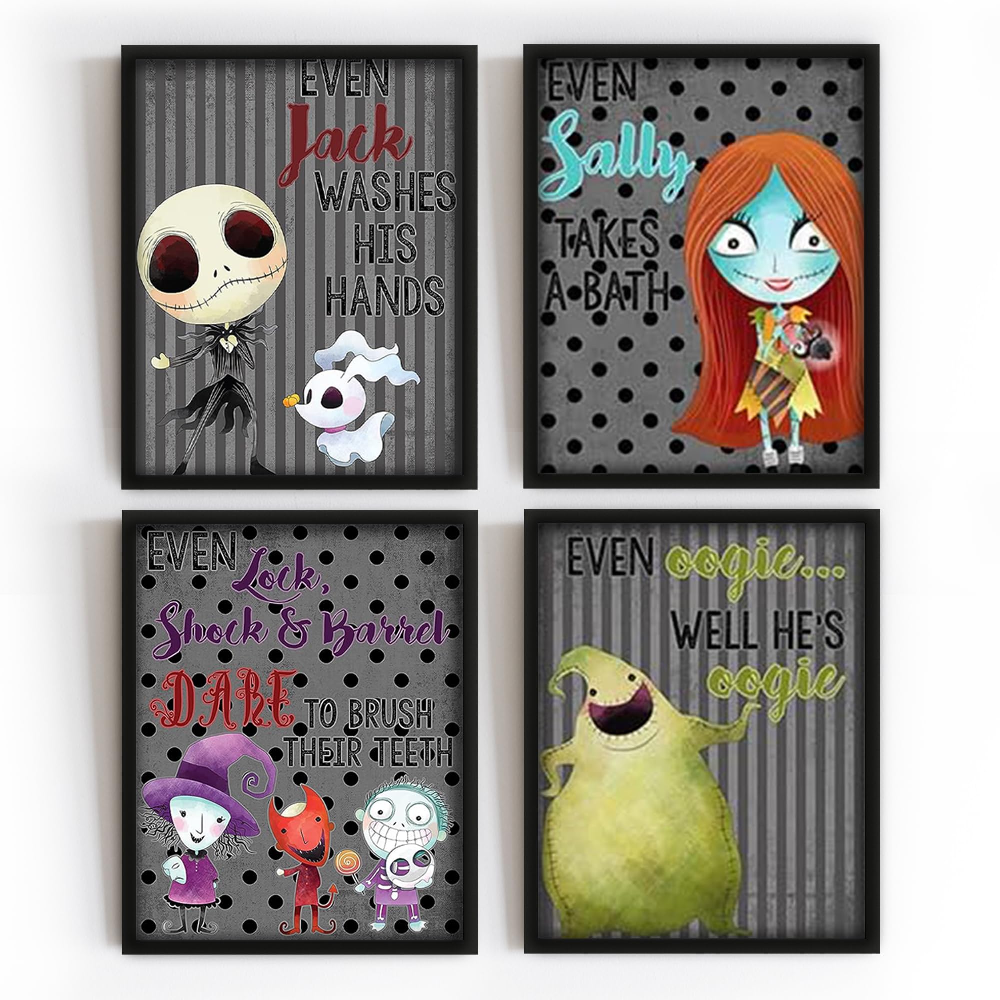 Silly Goose Gifts Character Themed Bathroom Wall Art Print Set - Even A Nightmare Will Brush Teeth Take A Bath Wash Hands- Funny Jack & Sally Bath Reminders Picture Decor