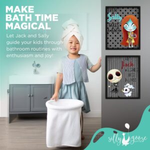 Silly Goose Gifts Character Themed Bathroom Wall Art Print Set - Even A Nightmare Will Brush Teeth Take A Bath Wash Hands- Funny Jack & Sally Bath Reminders Picture Decor