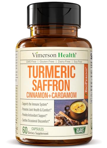 Turmeric Saffron Supplements with Cinnamon powder & Cardamom - Antioxidant Joint Support Supplement Contains Turmeric Curcumin with Black Pepper for Mood, Memory, Eye Health & Well-Being - 60 Capsules