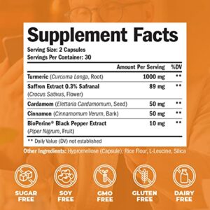 Turmeric Saffron Supplements with Cinnamon powder & Cardamom - Antioxidant Joint Support Supplement Contains Turmeric Curcumin with Black Pepper for Mood, Memory, Eye Health & Well-Being - 60 Capsules