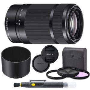 sony e 55-210mm f/4.5-6.3 oss lens (black) for sony e-mount cameras bundle. includes: filter kit, cleaning pen, front and rear lens caps and original sony lens hood - international version