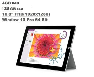 microsoft surface 3 tablet (10.8-inch fhd (1920x1280), 4gb ram, 128gb ssd, intel atom 1.6ghz, windows 10 professional 64 bit) (renewed)