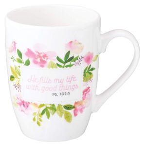 christian art gifts he fills my life - psalm 103:5 ceramic christian coffee mug for women and men - inspirational coffee cup and christian gifts, dishwasher safe, white and floral 12oz