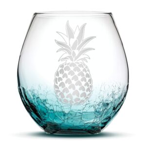 integrity bottles tropical pineapple design stemless wine glass, handmade, handblown, hand etched gifts, sand carved, 18oz (crackle teal)