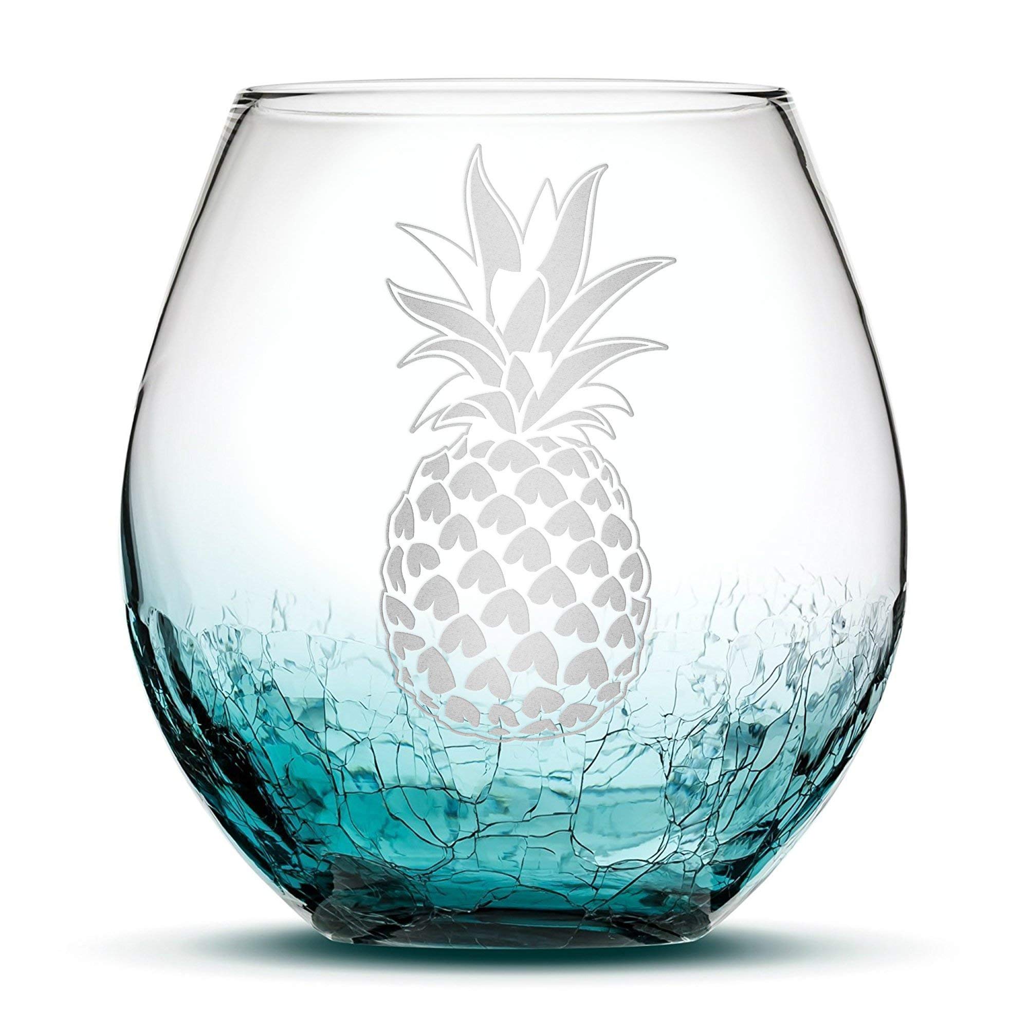 Integrity Bottles Tropical Pineapple Design Stemless Wine Glass, Handmade, Handblown, Hand Etched Gifts, Sand Carved, 18oz (Crackle Teal)