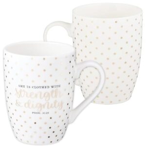 christian art gifts ceramic coffee and tea mug 12 oz inspirational bible verse mug for men and women: strength & dignity - proverbs 31:25 lead and cadmium-free white mug with gold polka dots