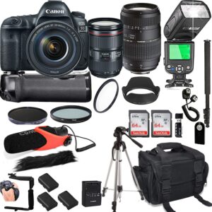 canon eos 5d mark iv with 24-105mm f/4 l is ii usm + tamron 70-300mm + 128gb memory + canon camera bag + pro battery bundle + power grip + microphone + ttl speedlight + pro filters,(24pc bundle)