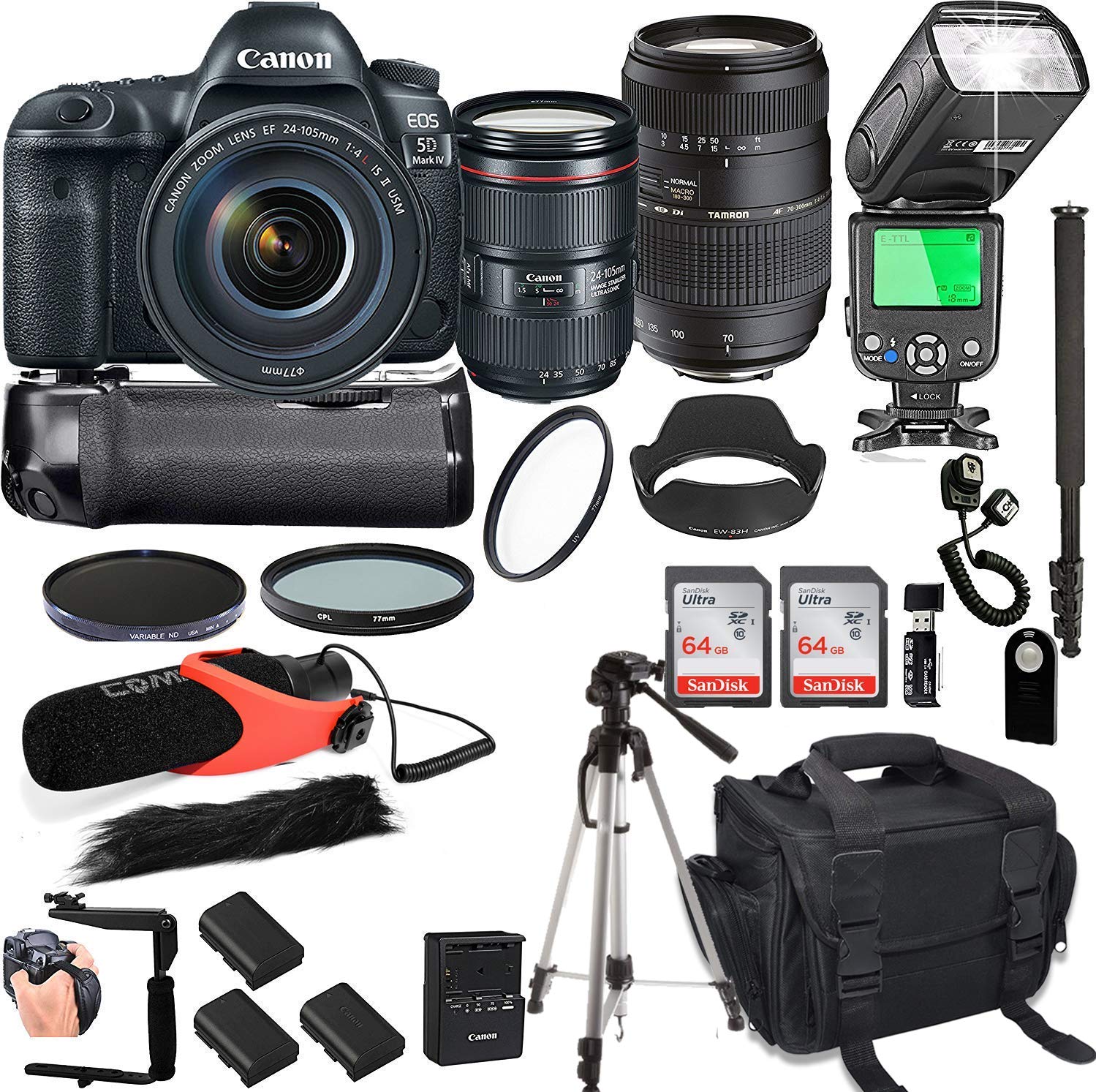 Canon EOS 5D Mark IV with 24-105mm f/4 L is II USM + Tamron 70-300mm + 128GB Memory + Canon Camera Bag + Pro Battery Bundle + Power Grip + Microphone + TTL SpeedLight + Pro Filters,(24pc Bundle)