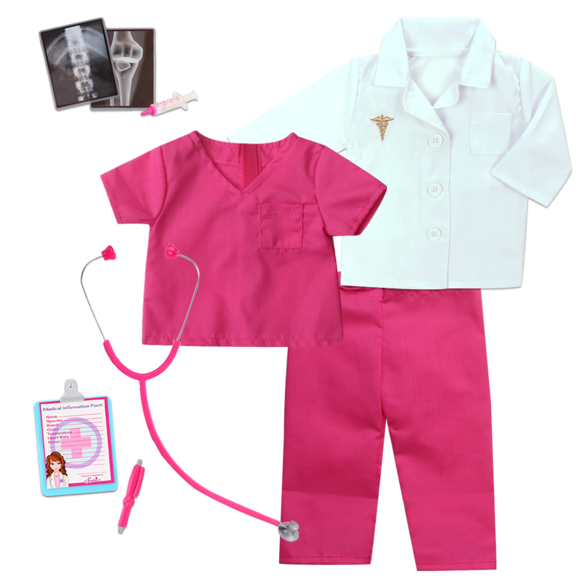 Sophia's Doll Doctor Outfit and Medical Accessories 10 Piece Set with Lab Coat, Scrubs X-Rays and More for 18" Dolls, Hot Pink