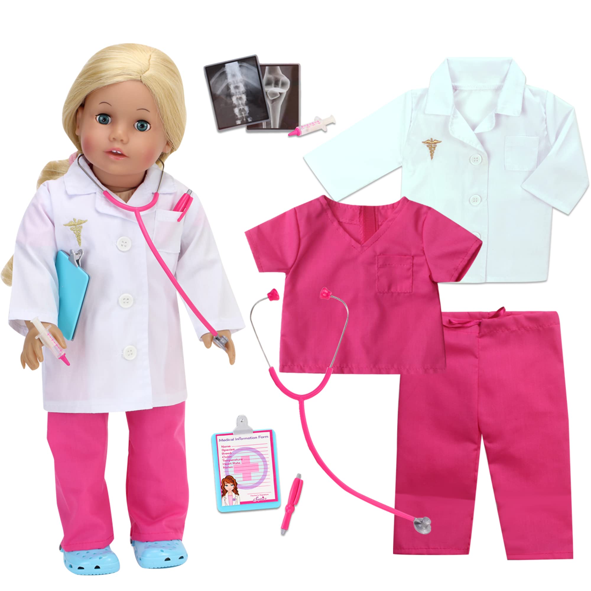 Sophia's Doll Doctor Outfit and Medical Accessories 10 Piece Set with Lab Coat, Scrubs X-Rays and More for 18" Dolls, Hot Pink