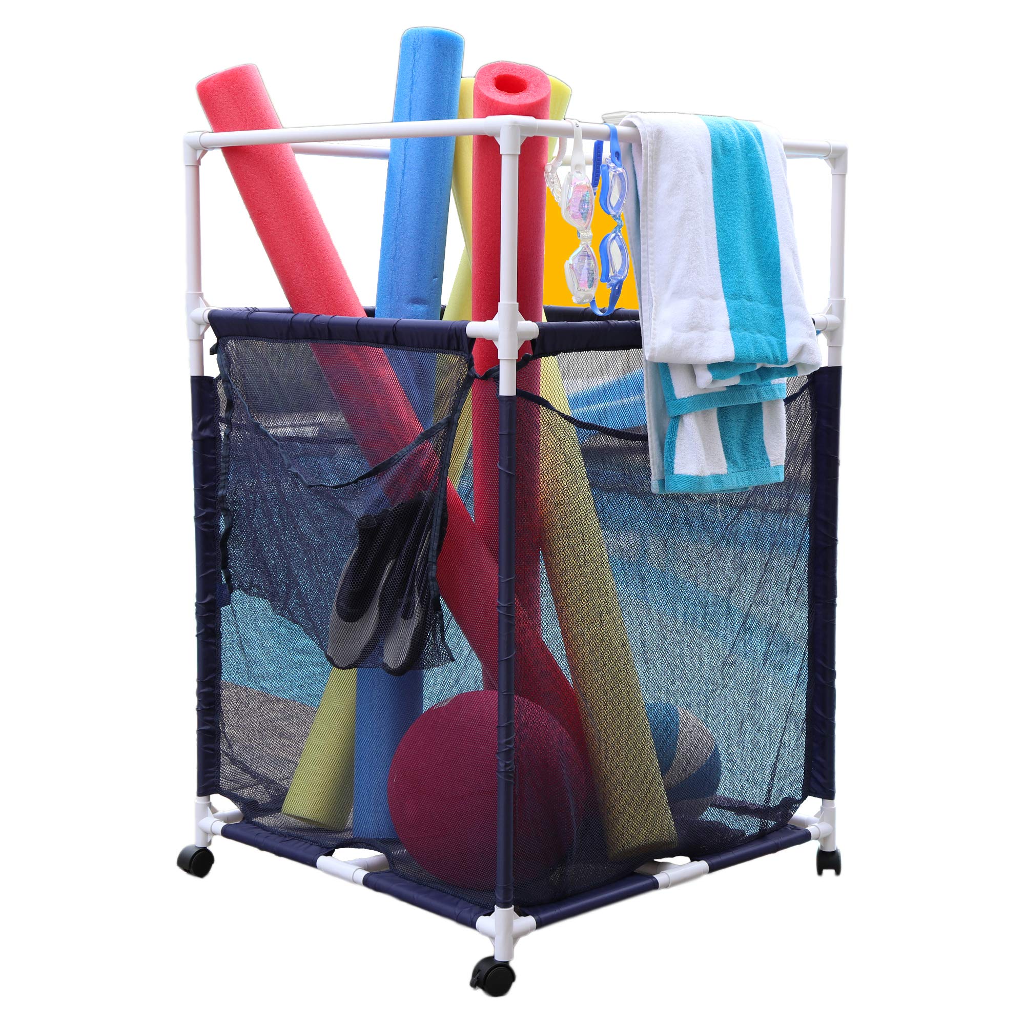 Essentially Yours Rolling Pool Noodle Storage Organizer Bin, Standard Noodle Holder, (25.4" W x 26" L x 40.5" H), Blue/White Style 510643