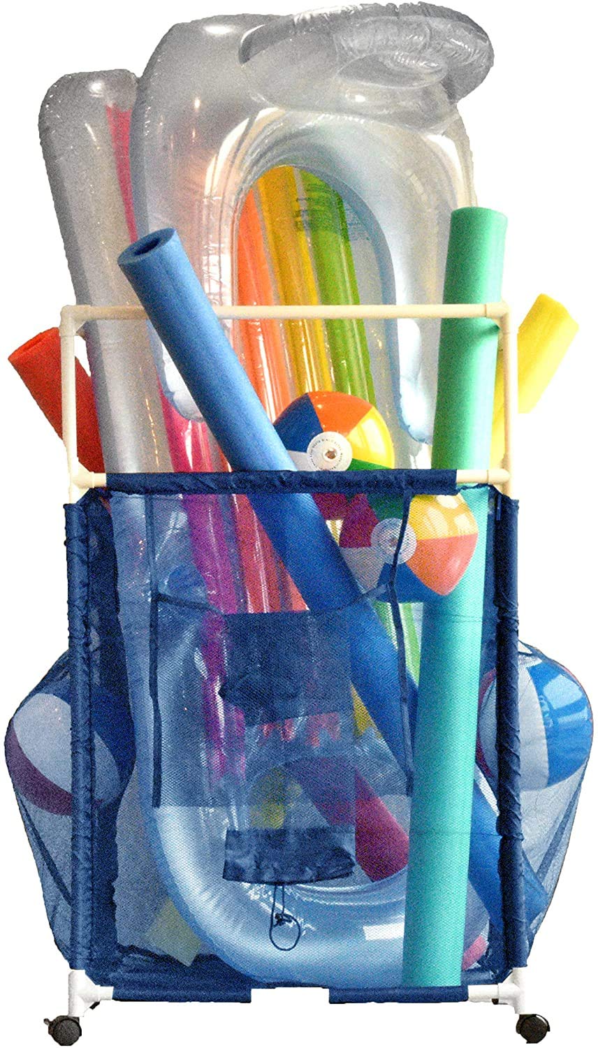 Essentially Yours Rolling Pool Noodle Storage Organizer Bin, Standard Noodle Holder, (25.4" W x 26" L x 40.5" H), Blue/White Style 510643