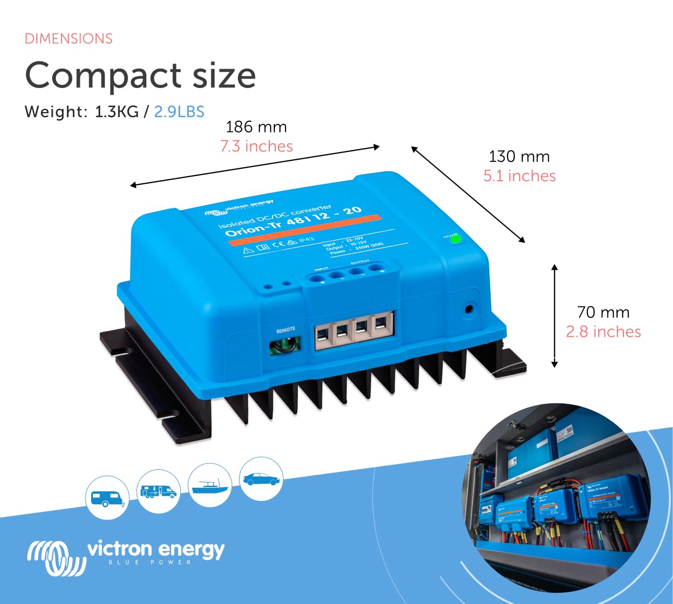 Victron Energy Orion-Tr IP43 48/12-Volt 20 amp 240-Watt Isolated DC-DC Converter