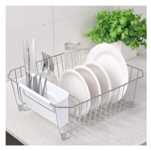 ikebana dish drying rack, kitchen in-sink chrome finish wire dish rack, small dish drainer rack with removable white plastic utensils holder