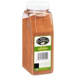 spice classics ground cinnamon, 18 oz - one 18 ounce container of ground cinnamon powder, perfect in desserts, hot tea, cider, meat rubs, and more