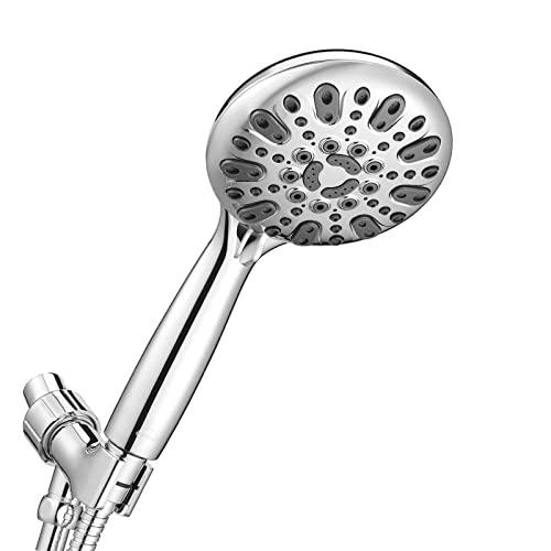 Handheld Shower Head, 6 Spray Setting High Pressure Shower Head with Brass Swivel Ball Bracket and Extra Long Stainless Steel Hose, Chrome, 5"