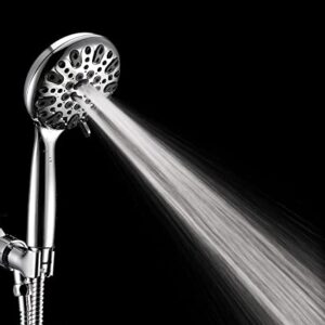 Handheld Shower Head, 6 Spray Setting High Pressure Shower Head with Brass Swivel Ball Bracket and Extra Long Stainless Steel Hose, Chrome, 5"