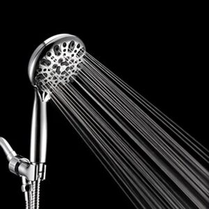 Handheld Shower Head, 6 Spray Setting High Pressure Shower Head with Brass Swivel Ball Bracket and Extra Long Stainless Steel Hose, Chrome, 5"