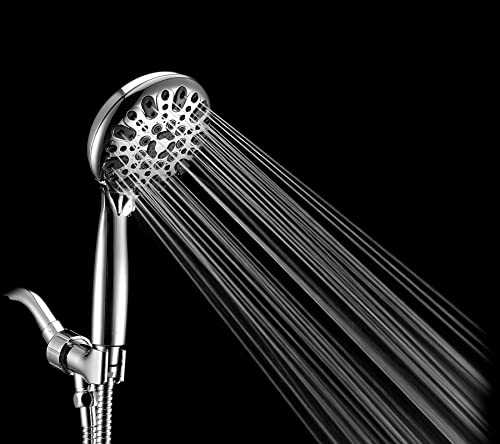 Handheld Shower Head, 6 Spray Setting High Pressure Shower Head with Brass Swivel Ball Bracket and Extra Long Stainless Steel Hose, Chrome, 5"