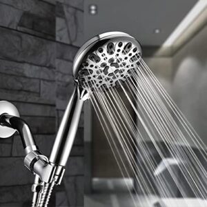 Handheld Shower Head, 6 Spray Setting High Pressure Shower Head with Brass Swivel Ball Bracket and Extra Long Stainless Steel Hose, Chrome, 5"