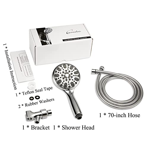 Handheld Shower Head, 6 Spray Setting High Pressure Shower Head with Brass Swivel Ball Bracket and Extra Long Stainless Steel Hose, Chrome, 5"