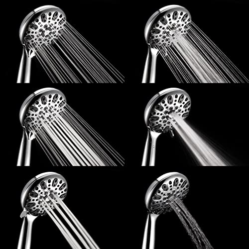 Handheld Shower Head, 6 Spray Setting High Pressure Shower Head with Brass Swivel Ball Bracket and Extra Long Stainless Steel Hose, Chrome, 5"