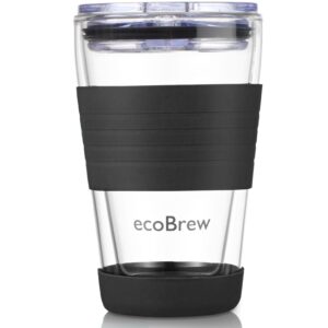 ecobrew 12oz double wall glass tumbler with lid, dishwasher safe & microwavable coffee glass travel mug, clear reusable coffee cup to go for hot & cold drinks