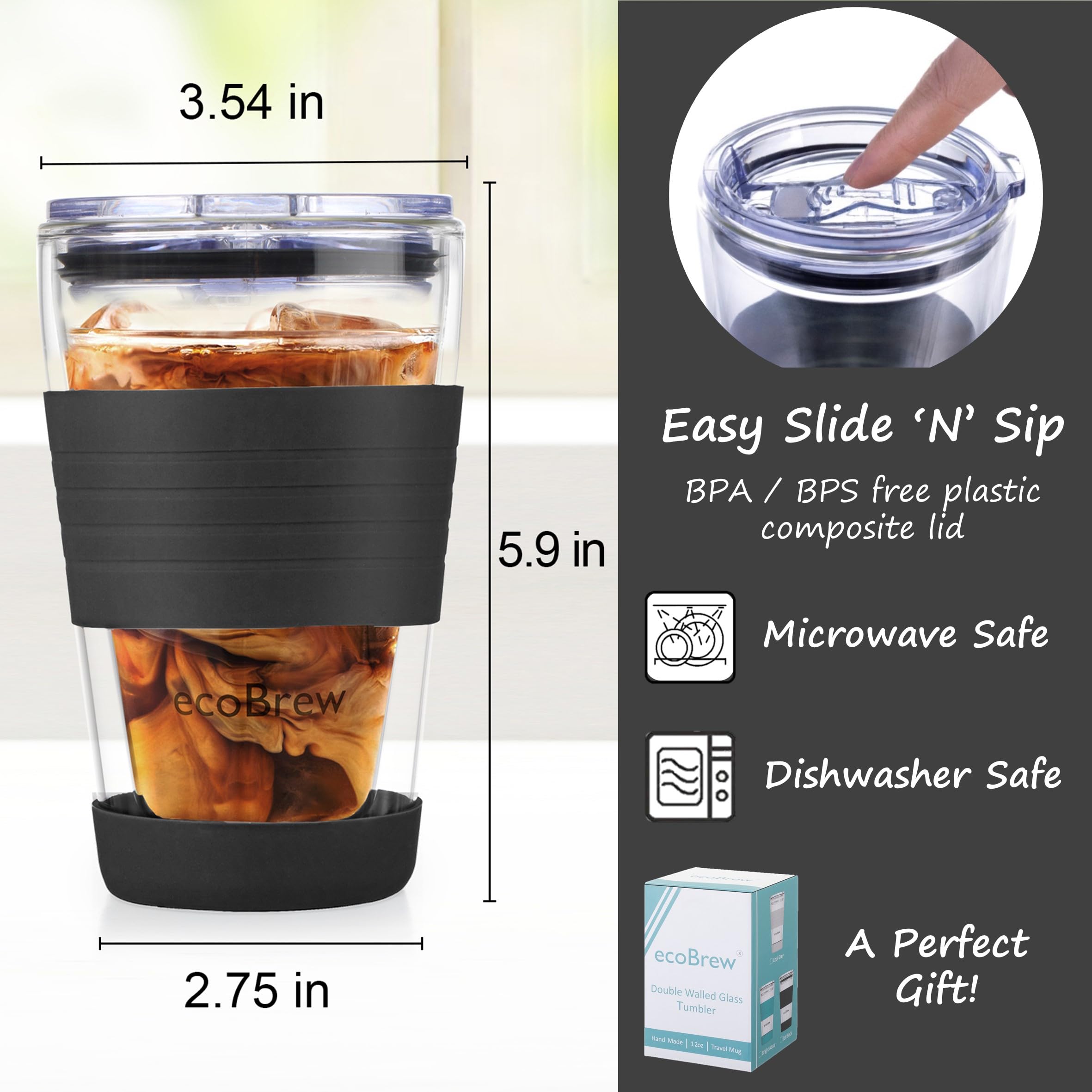 ecoBrew 12oz Double Wall Glass Tumbler with Lid, Dishwasher Safe & Microwavable Coffee Glass Travel Mug, Clear Reusable Coffee Cup To Go for Hot & Cold Drinks