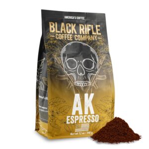 black rifle coffee company ak espresso, medium roast ground coffee, 12 oz bag