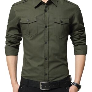 XTAPAN Men's Long Sleeve Casual Slim Fit Button Down Dress Shirt with Two Pockets Asian 5XL=US XL Army Green 6620