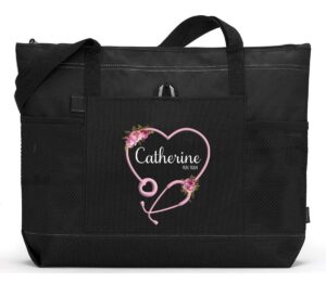 personalized nurse with heart stethoscope, cna, rn, lpn tote bag with mesh pockets, custom printed