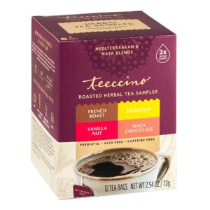 teeccino herbal tea sampler assortment - maca chocolaté, french roast, hazelnut, vanilla nut - roasted caffeine free herbal tea, prebiotic for natural energy, 12 tea bags