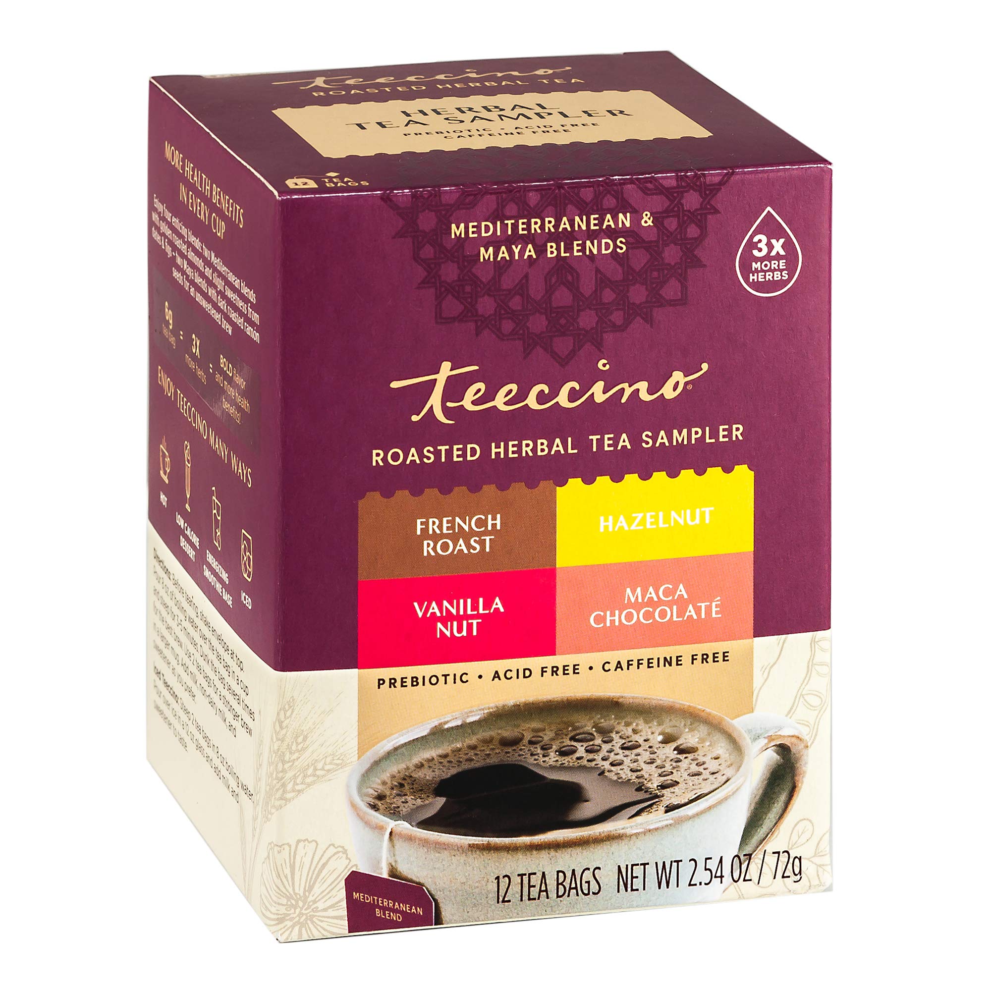 Teeccino Herbal Tea Sampler Assortment - Maca Chocolaté, French Roast, Hazelnut, Vanilla Nut - Roasted Caffeine Free Herbal Tea, Prebiotic for Natural Energy, 12 Tea Bags