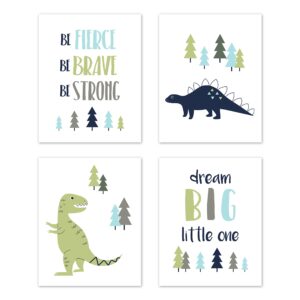 sweet jojo designs blue and green dream big dino wall art prints room decor for baby, nursery, and kids for mod dinosaur collection - set of 4