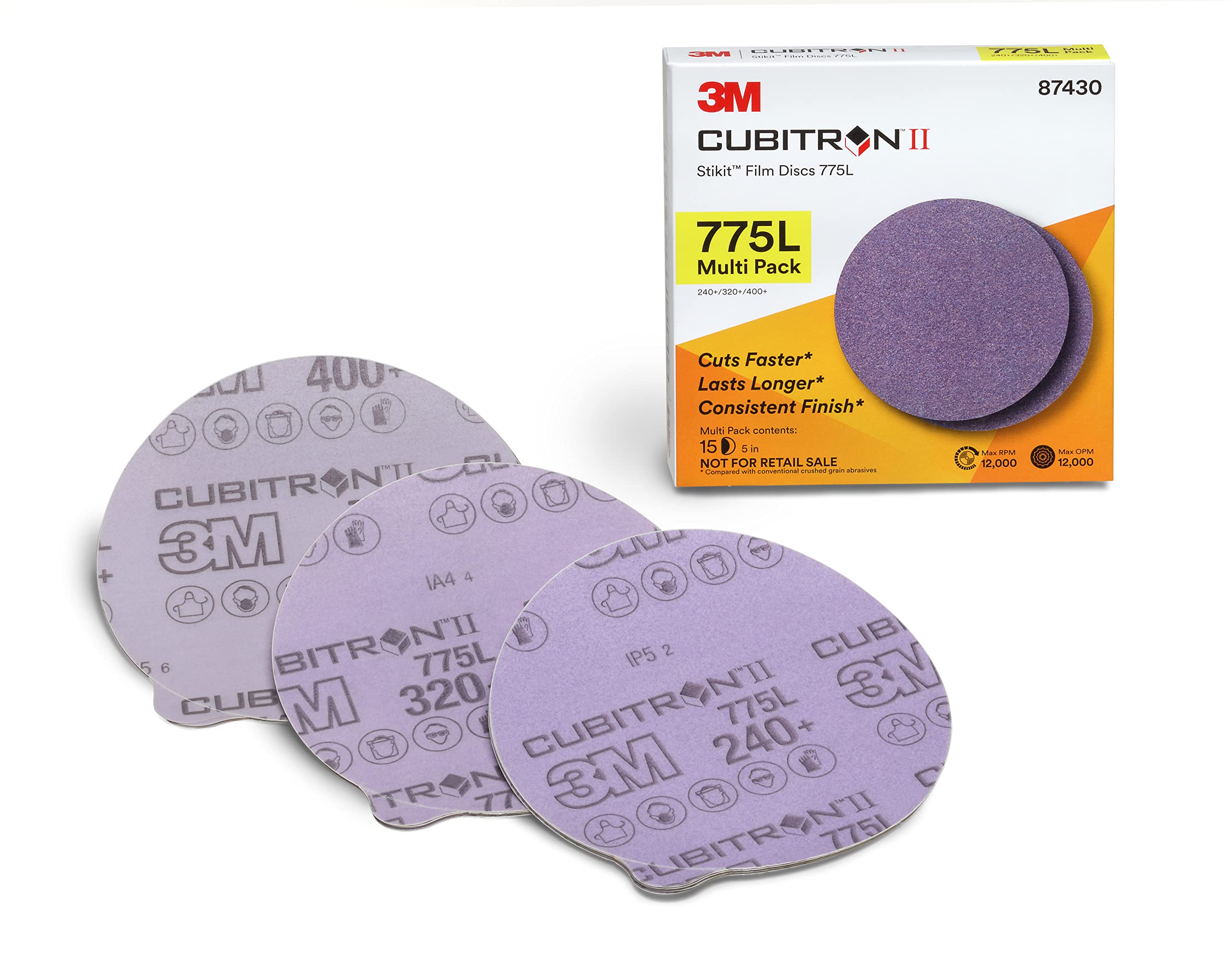 3M Stikit Disc 775L, 87430, Multi Pack, 5 in x NH, 240+, 320+, 400+ Coating Cut Cutting Angle Flute Purple