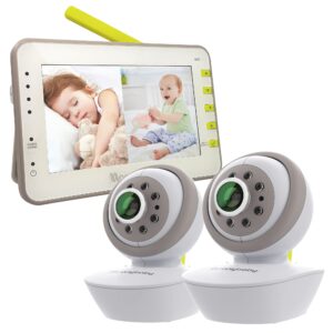 moonybaby split 55 baby monitor with 2 cameras, split screen video, no wifi pan tilt camera, wide view lens included, 4.3 inches large monitor, night vision, temperature, 2 way talk back, long range